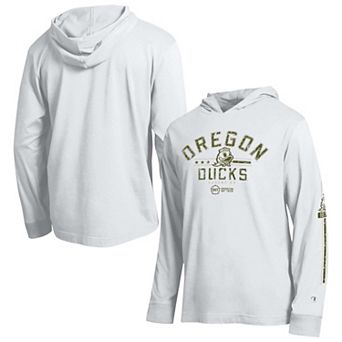 Men's Champion White Oregon Ducks Operation Hat Trick Sleeve Line Hooded Long Sleeve T-Shirt