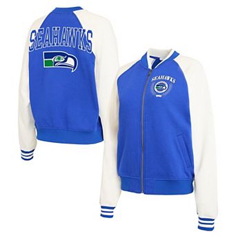 Women's WEAR by Erin Andrews Royal Seattle Seahawks Throwback Varsity Fleece Raglan Full-Zip Jacket