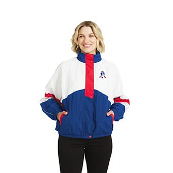 Women's WEAR by Erin Andrews White/Royal New England Patriots Throwback Crinkle Full-Snap Hooded Windbreaker Jacket