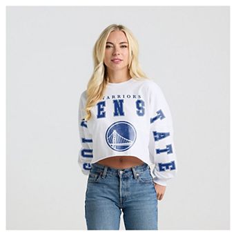 Women's Fanatics White Golden State Warriors Spirit Jersey Cropped Crew Neck Sweatshirt
