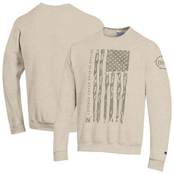 Men's Champion Oatmeal Navy Midshipmen Operation Hat Trick Flag Fleece Crewneck Sweatshirt