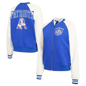 Women's WEAR by Erin Andrews Navy New England Patriots Throwback Varsity Fleece Raglan Full-Zip Jacket