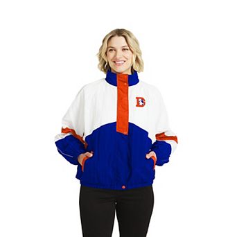 Women's WEAR by Erin Andrews White/Royal Denver Broncos Throwback Crinkle Full-Snap Hooded Windbreaker Jacket