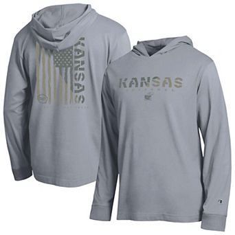 Men's Champion Gray Kansas Jayhawks Operation Hat Trick Flag Hooded Long Sleeve T-Shirt