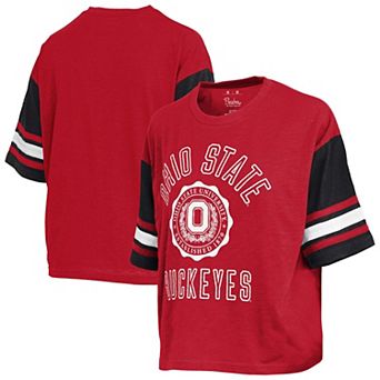 Women's Pressbox Scarlet Ohio State Buckeyes Sunday Colorblock Seal T-Shirt