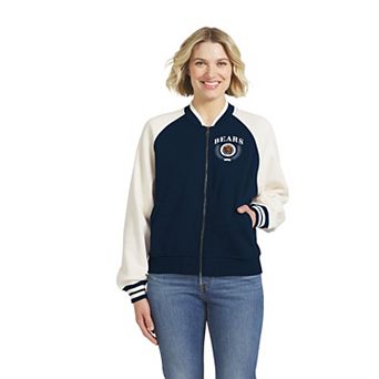 Women's WEAR by Erin Andrews Navy Chicago Bears Throwback Varsity Fleece Raglan Full-Zip Jacket