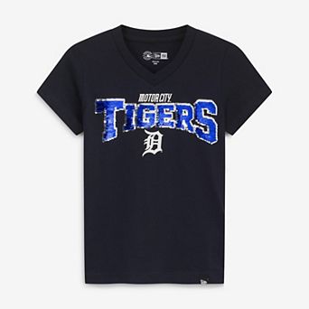 Girls Youth New Era Navy Detroit Tigers City Connect Flip Sequin V-Neck T-Shirt