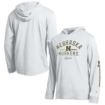 Men's Champion White Nebraska Huskers Operation Hat Trick Sleeve Line Hooded Long Sleeve T-Shirt