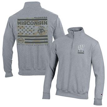 Men's Champion Gray Wisconsin Badgers Operation Hat Trick Flag Powerblend Fleece Quarter-Zip Pullover