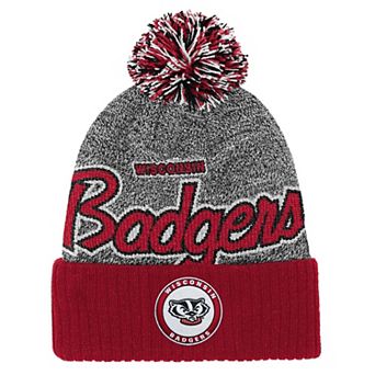 Youth Mitchell & Ness Red Wisconsin Badgers Mascot Cuffed Knit Hat with Pom