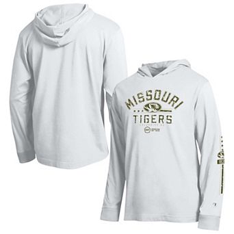 Men's Champion White Missouri Tigers Operation Hat Trick Sleeve Line Hooded Long Sleeve T-Shirt