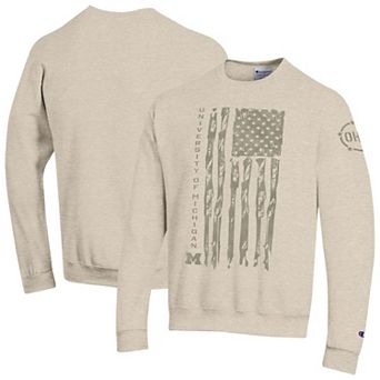 Men's Champion Oatmeal Michigan Wolverines Operation Hat Trick Flag Fleece Crewneck Sweatshirt