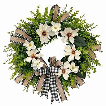 24 Inch Artificial Magnolia Wreath Farmhouse Boxwood Greenery Bow Decor