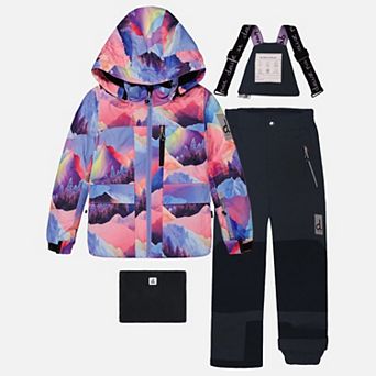 Big Kids Girl Mountain Print Two Piece Play Snowsuit with Hooded Jacket and Snow Pants