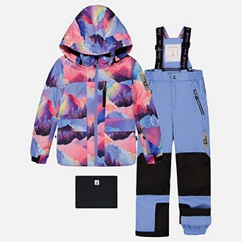 Little Kids Girl Mountain Print Two Piece Play Snowsuit with Hooded Jacket and Snow Pants