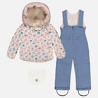 Little Kids Girl Floral Print Two Piece Snowsuit with Hooded Coat and Snow Pants