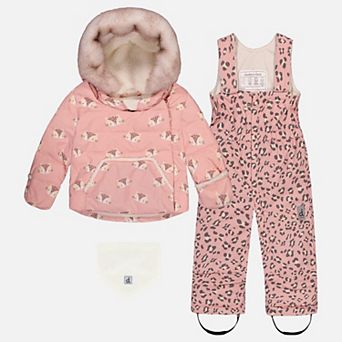 Little Kids Girl Leopard Print Two Piece Snowsuit with Hooded Coat and Snow Pants