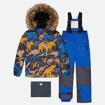 Big Kids Boy Dinosaur Print Two Piece Play Snowsuit with Hooded Jacket and Snow Pants