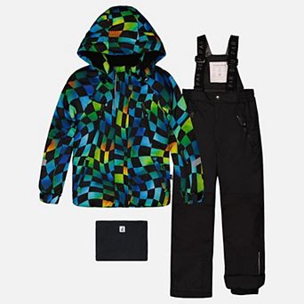 Little Kids Boy Checkerboard Print Two Piece Play Snowsuit with Hooded Jacket and Snow Pants