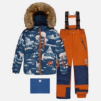 Big Kids Boy Bear Print Two Piece Play Snowsuit with Hooded Jacket and Snow Pants