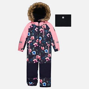 Little Kids Girl Floral Print One Piece Play Snowsuit with Detachable Hood