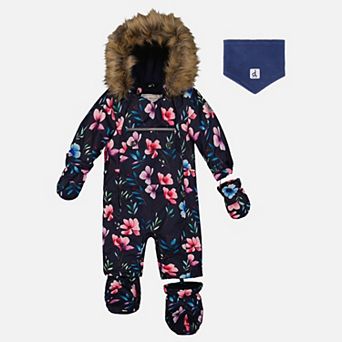 Little Kids Girl Floral Print One Piece Snowsuit Adapted for Car Seats with Detachable Hood