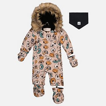 Little Kids Boy Animal Print One Piece Snowsuit Adapted for Car Seats with Detachable Hood