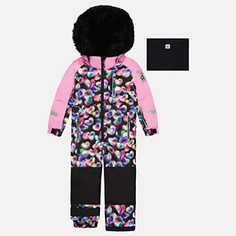Little Kids Girl Heart Print One Piece Play Snowsuit with Detachable Hood