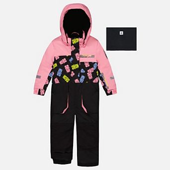 Big Kids Girl Gummy Bear Print One Piece Play Snowsuit with Detachable Hood