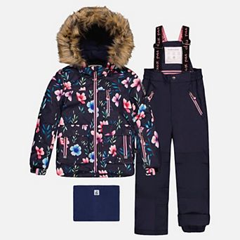 Big Kids Girl Floral Print Two Piece Play Snowsuit with Hooded Jacket and Snow Pants
