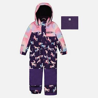 Little Kids Girl Unicorn Print One Piece Play Snowsuit with Detachable Hood