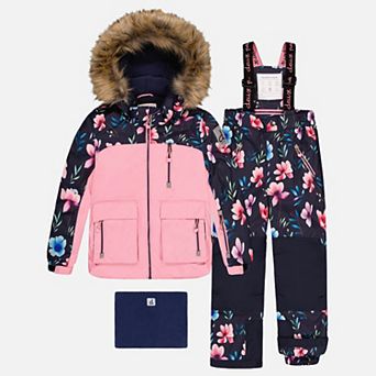 Big Kids Girl Floral Print Colorblock Two Piece Play Snowsuit with Hooded Jacket and Snow Pants