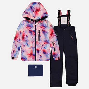 Little Kids Girl Watercolor Floral Print Two Piece Play Snowsuit with Hooded Jacket and Snow Pants