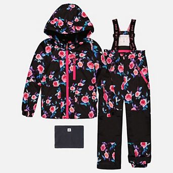 Little Kids Girl Rose Print Two Piece Play Snowsuit with Hooded Jacket and Snow Pants