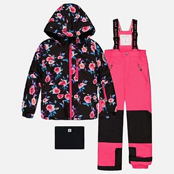 Big Kids Girl Rose Print Two Piece Play Snowsuit with Hooded Jacket and Snow Pants