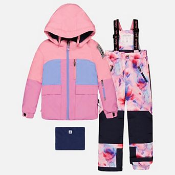 Big Kids Girl Colorblock Two Piece Play Snowsuit with Jacket and Watercolor Floral Snow Pants