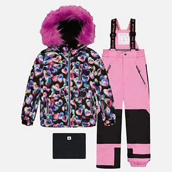 Big Kids Girl Heart Print Two Piece Play Snowsuit with Hooded Jacket and Snow Pants