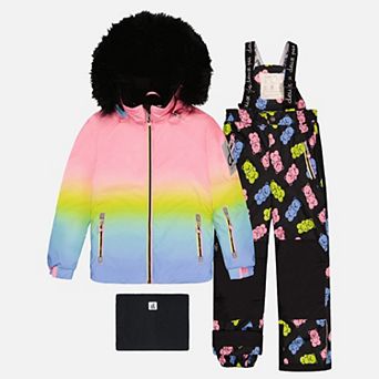 Big Kids Girl Gradient Two Piece Play Snowsuit with Hooded Jacket and Gummy Bear Print Snow Pants
