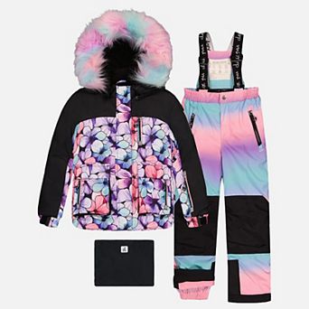 Big Kids Girl Floral Print Two Piece Play Snowsuit with Hooded Jacket and Gradient Snow Pants