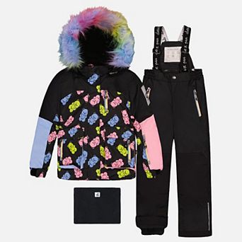 Big Kids Girl Gummy Bear Print Two Piece Play Snowsuit with Hooded Jacket and Snow Pants