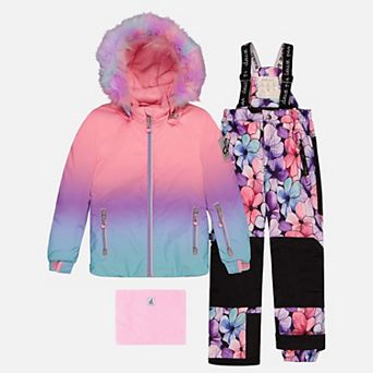 Big Kids Girl Gradient Two Piece Play Snowsuit with Hooded Jacket and Watercolor Floral Snow Pants