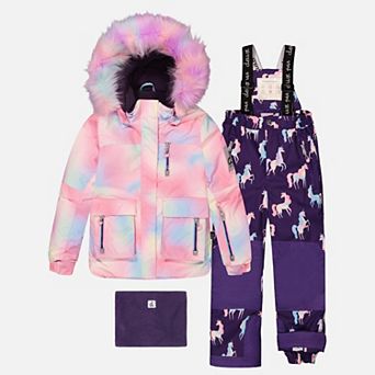 Big Kids Girl Two Piece Play Snowsuit with Hooded Jacket and Unicorn Print Snow Pants