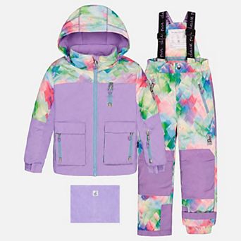Big Kids Girl Two Piece Play Snowsuit with Hooded Jacket and Diamond Print Snow Pants