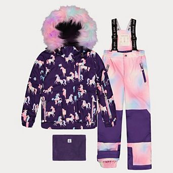 Little Kids Girl Unicorn Print Two Piece Play Snowsuit with Hooded Jacket and Snow Pants