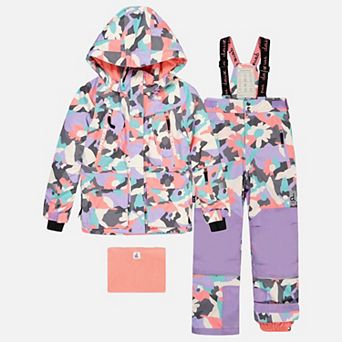 Little Kids Girl Two Piece Teknik Camouflage Print Snowsuit with Hooded Jacket and Snow Pants