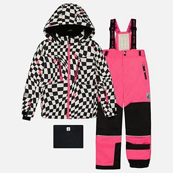 Big Kids Girl Two Piece Teknik Checkered Print Snowsuit with Hooded Jacket and Snow Pants