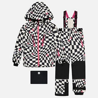 Big Kids Girl Two Piece Teknik Checkered Print Snowsuit with Hooded Jacket and Snow Pants