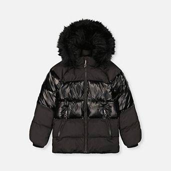 Little Kids Unisex Faux-Fur Hooded Winter Jacket with Decorative Chest Pattern