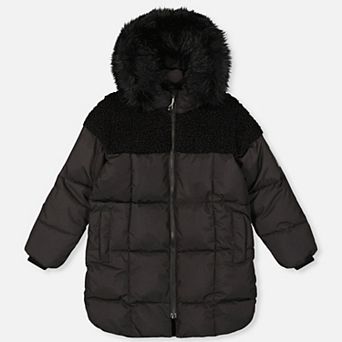Little Kids Girl Two-Tone Quilted Sherpa Long Winter Puffer Coat