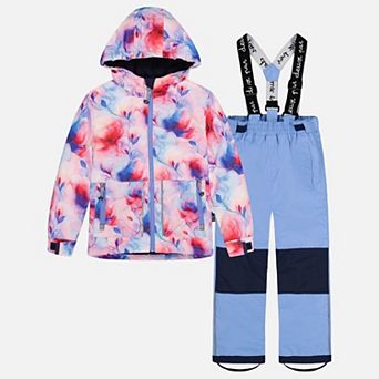 Little Kids Girl Flower Print Lightweight Two Piece Snowsuit with Hooded Jacket and Snow Pants